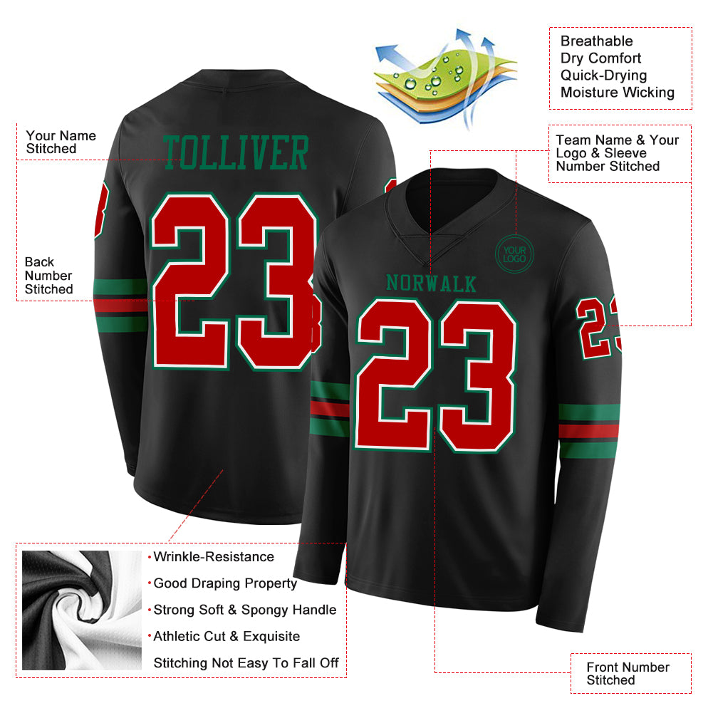 Custom Black Red White-Kelly Green Long Sleeve Authentic Football Jersey view 2