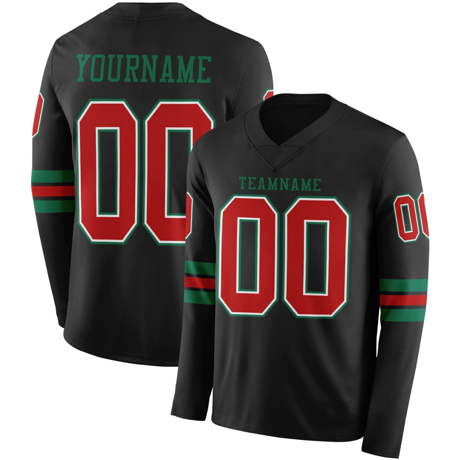 Custom Black Red White-Kelly Green Long Sleeve Authentic Football Jersey - Main View