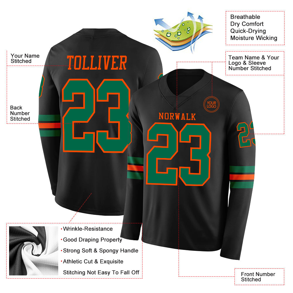 Custom Black Kelly Green-Orange Long Sleeve Authentic Football Jersey view 2