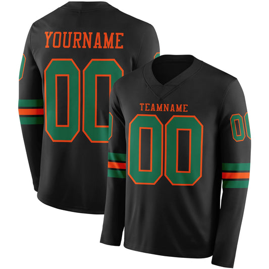 Custom Black Kelly Green-Orange Long Sleeve Authentic Football Jersey - Main View