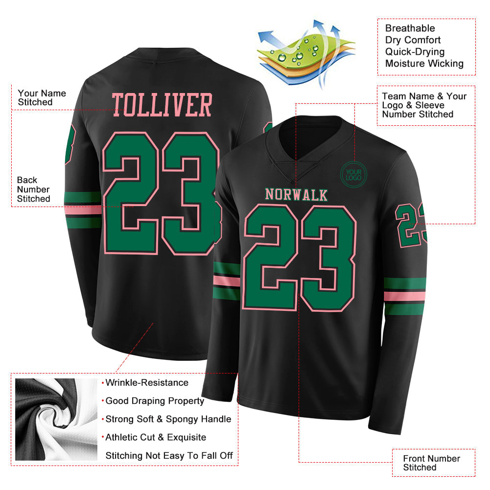 Custom Black Kelly Green-Medium Pink Long Sleeve Authentic Football Jersey view 2