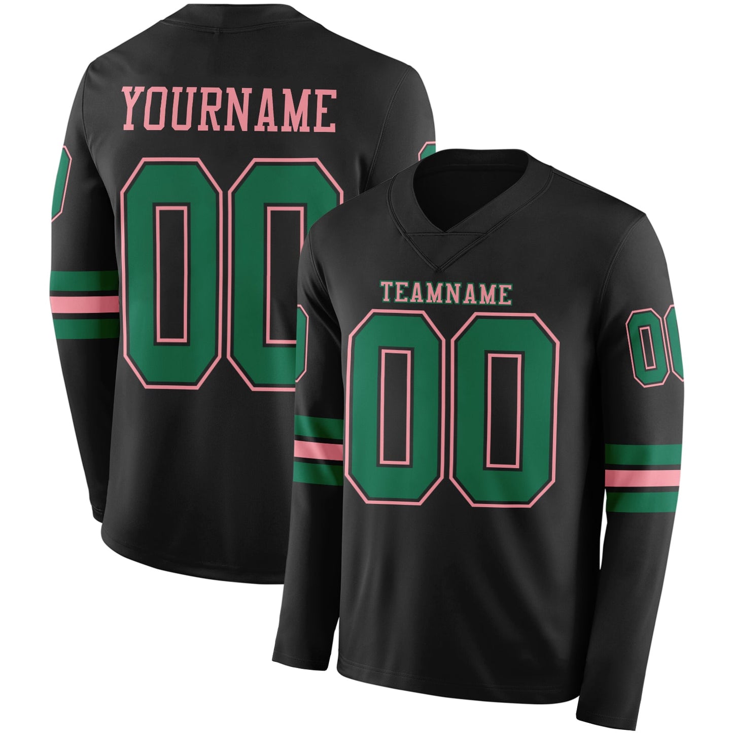 Custom Black Kelly Green-Medium Pink Long Sleeve Authentic Football Jersey - Main View