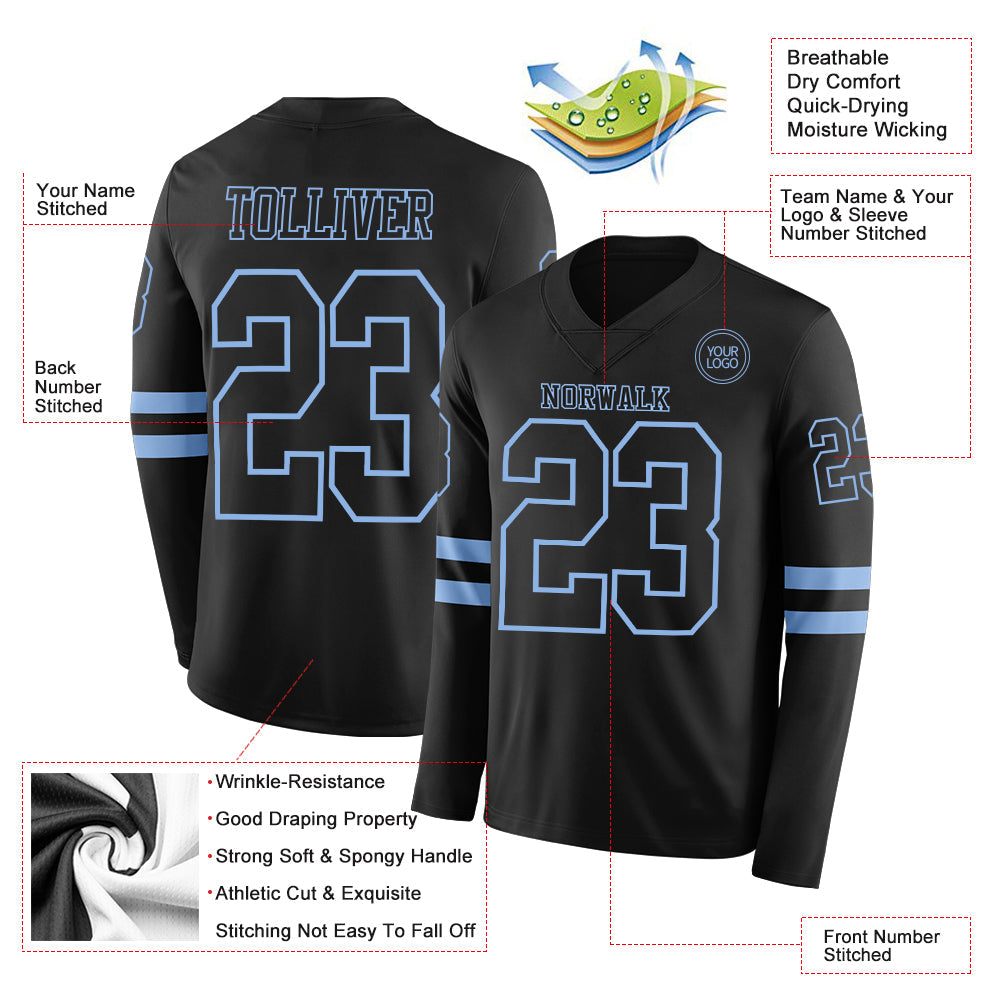 Custom Black Light Blue Long Sleeve Authentic Football Jersey view 2