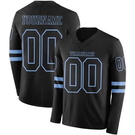 Custom Black Light Blue Long Sleeve Authentic Football Jersey - Main View