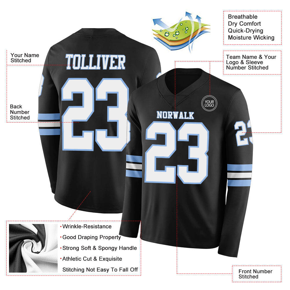 Custom Black White-Light Blue Long Sleeve Authentic Football Jersey view 2