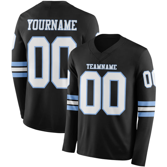 Custom Black White-Light Blue Long Sleeve Authentic Football Jersey - Main View