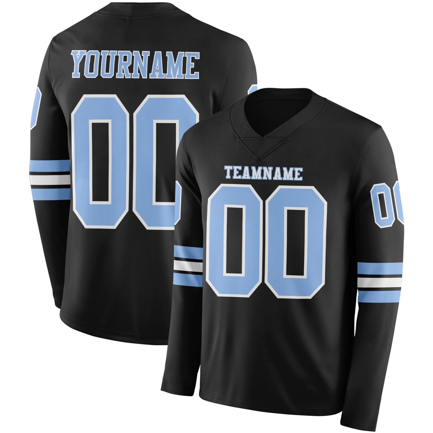 Custom Black Light Blue-White Long Sleeve Authentic Football Jersey - Main View