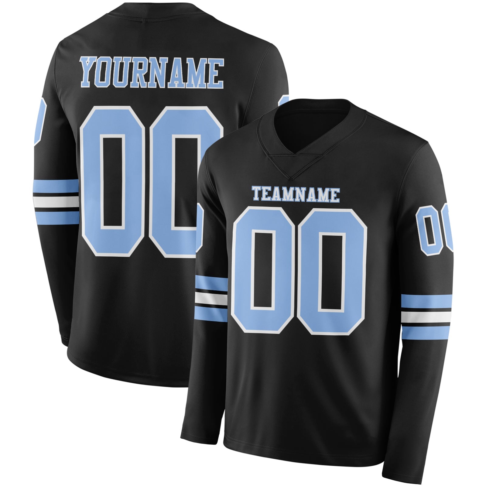 Custom Black Light Blue-White Long Sleeve Authentic Football Jersey - Main View
