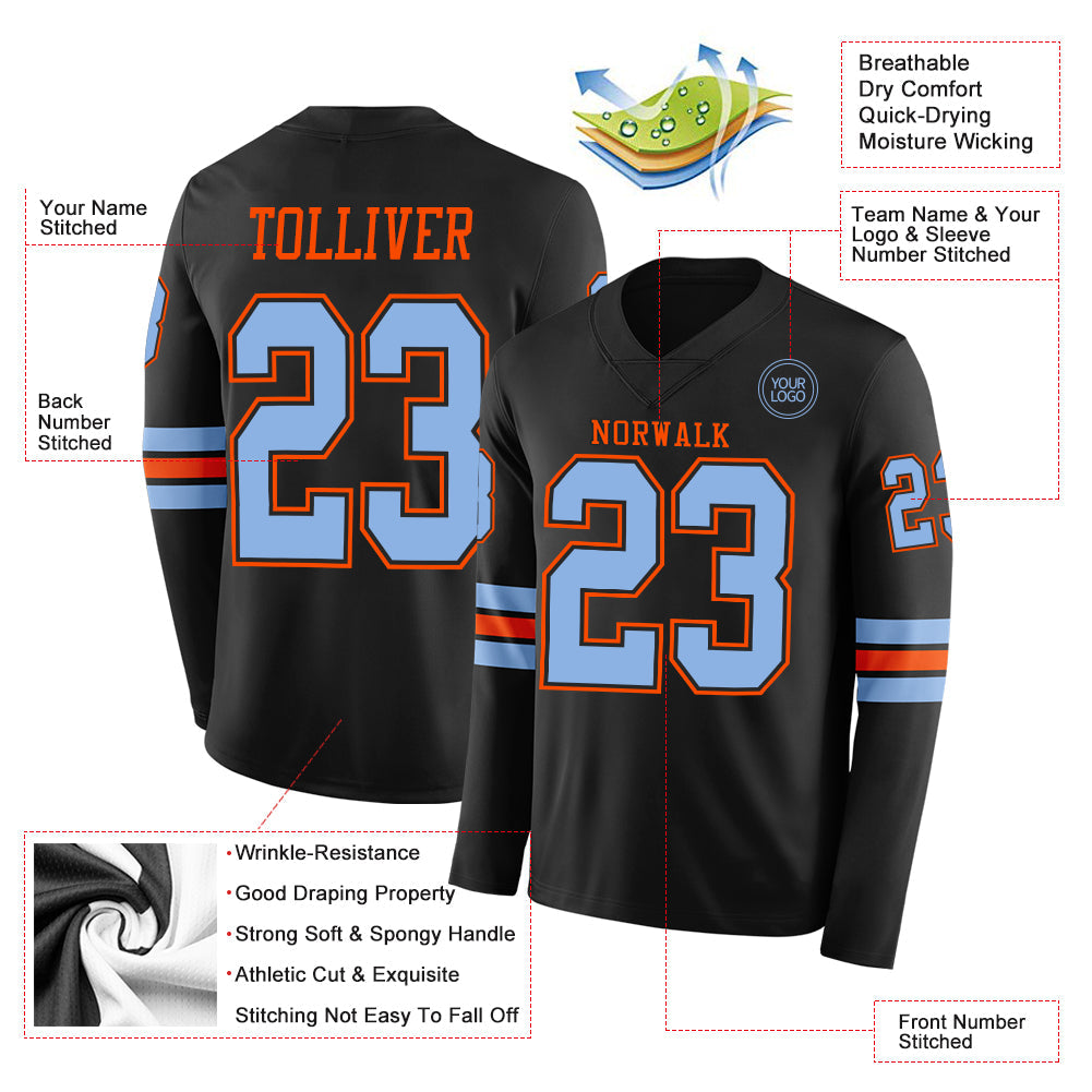 Custom Black Light Blue-Orange Long Sleeve Authentic Football Jersey view 2