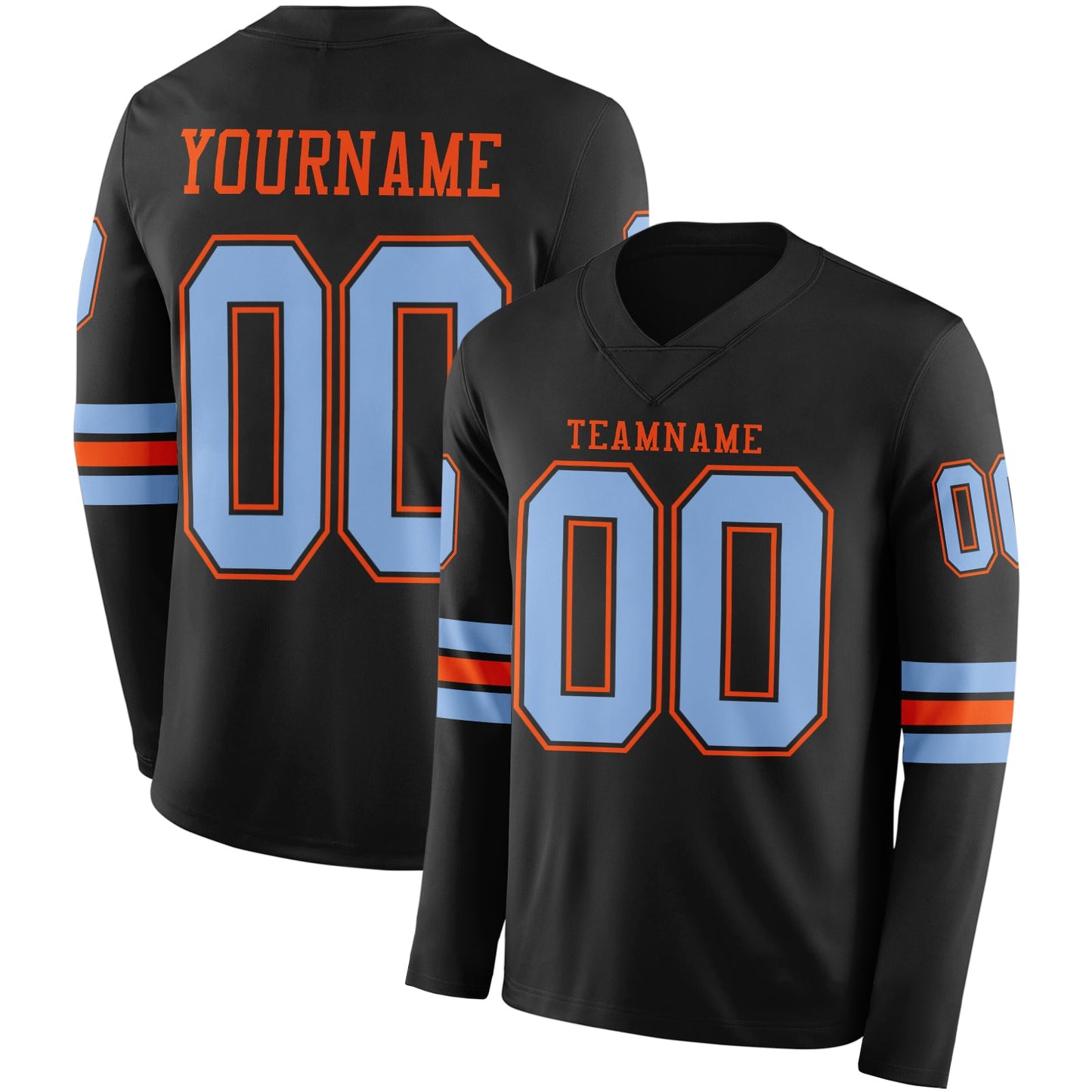 Custom Black Light Blue-Orange Long Sleeve Authentic Football Jersey - Main View