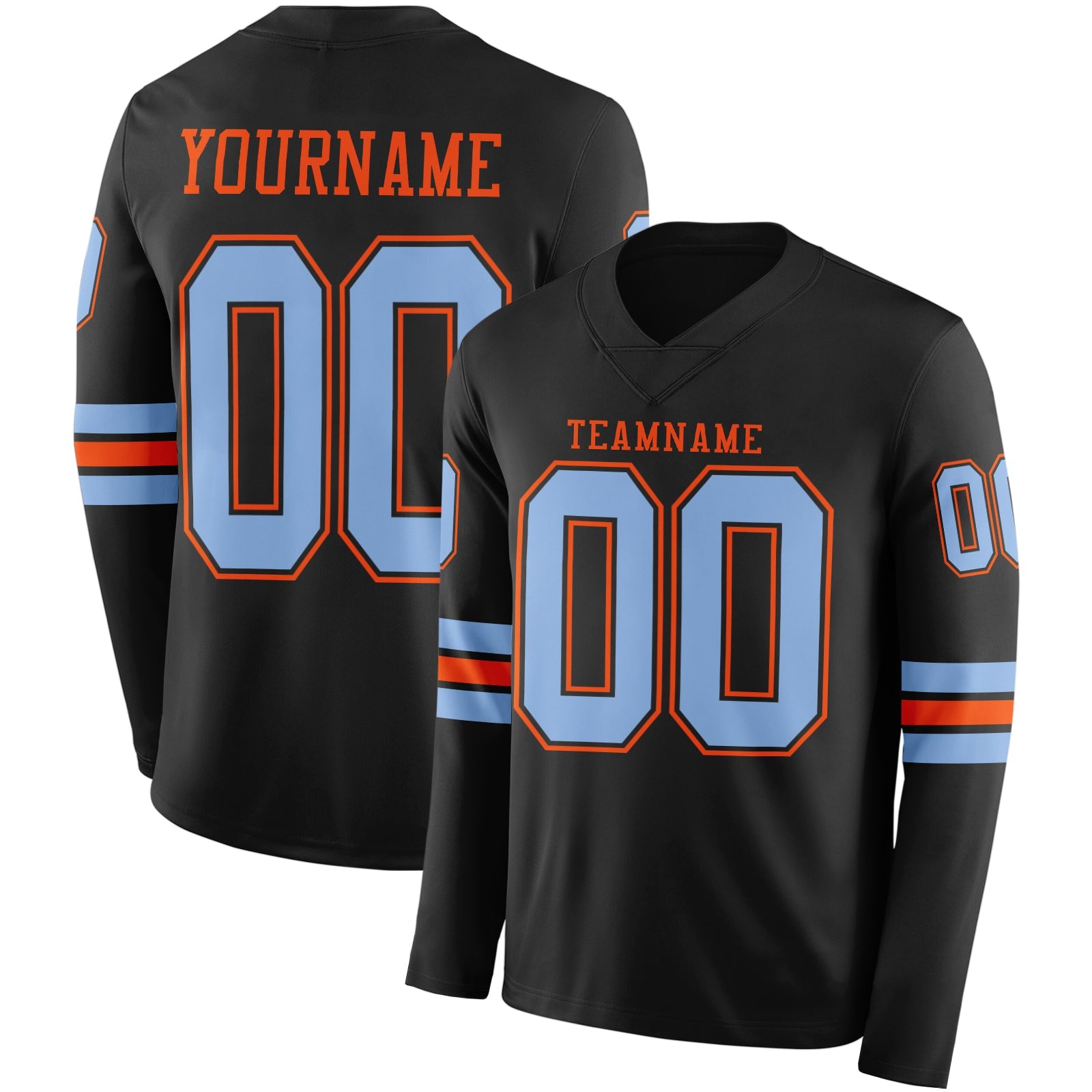Custom Black Light Blue-Orange Long Sleeve Authentic Football Jersey - Main View