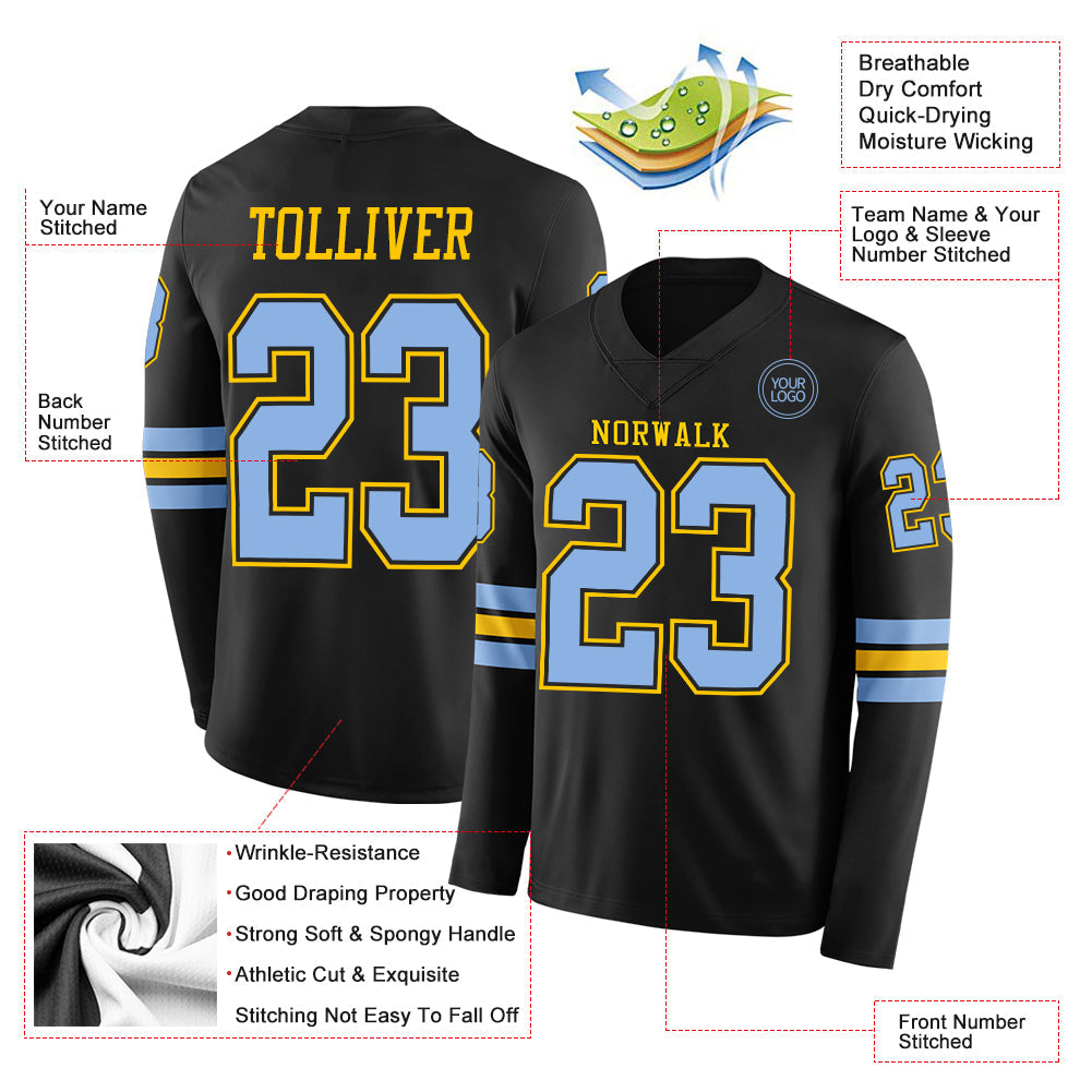 Custom Black Light Blue-Yellow Long Sleeve Authentic Football Jersey view 2