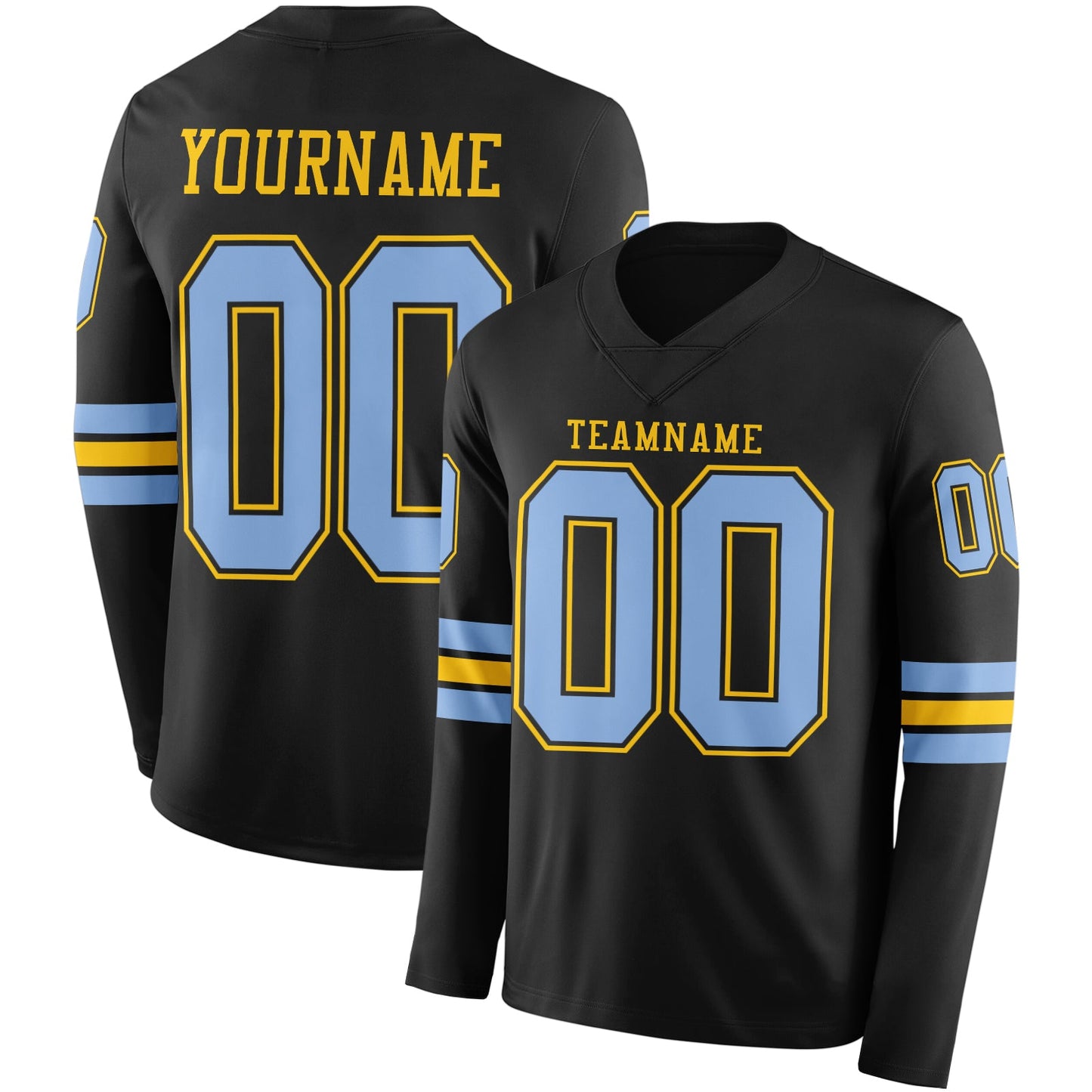 Custom Black Light Blue-Yellow Long Sleeve Authentic Football Jersey - Main View