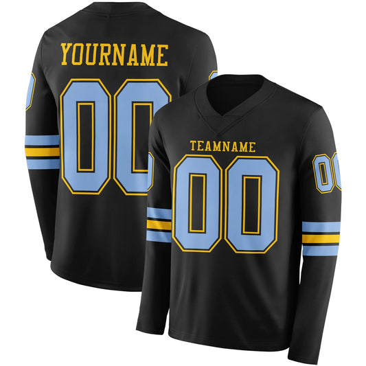 Custom Black Light Blue-Yellow Long Sleeve Authentic Football Jersey - Main View