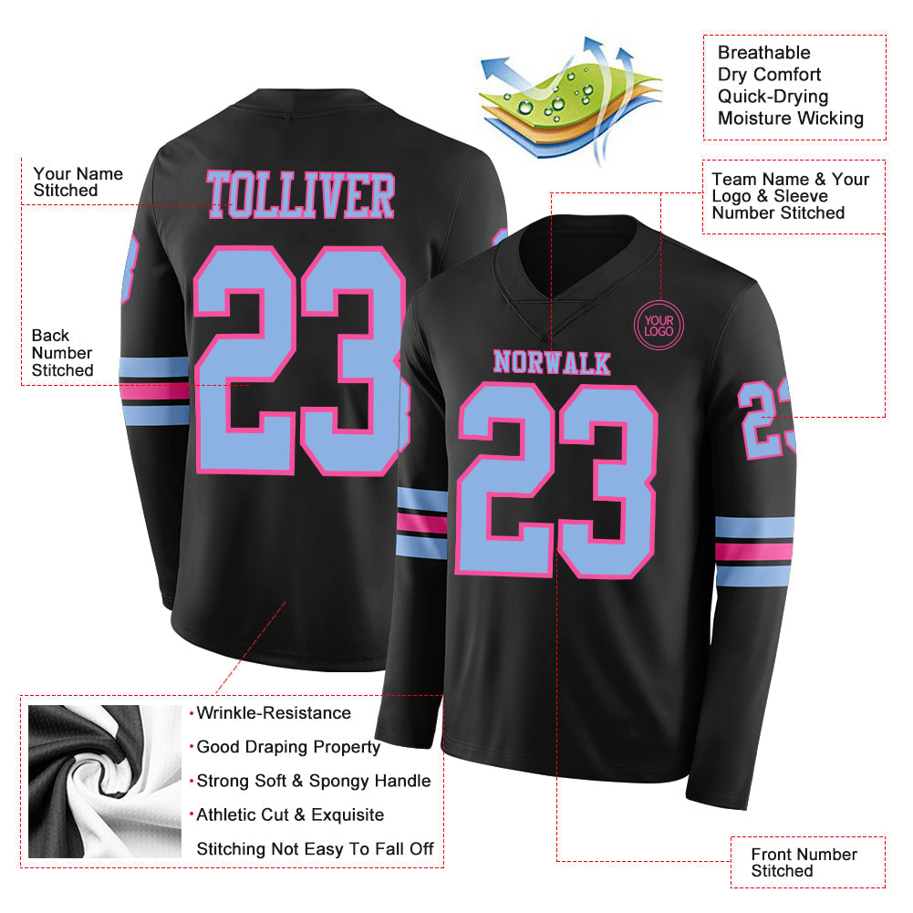 Custom Black Light Blue-Pink Long Sleeve Authentic Football Jersey view 2
