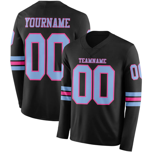 Custom Black Light Blue-Pink Long Sleeve Authentic Football Jersey - Main View