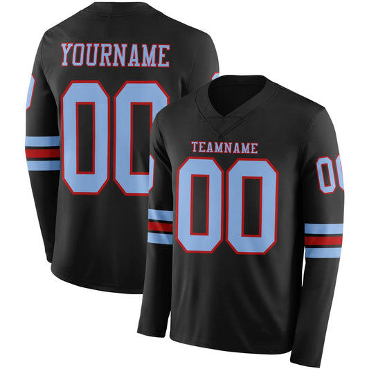 Custom Black Light Blue-Red Long Sleeve Authentic Football Jersey - Main View