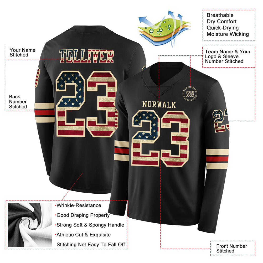 Custom Black Vintage USA Flag Cream-Red Long Sleeve Authentic Football Jersey view 2
