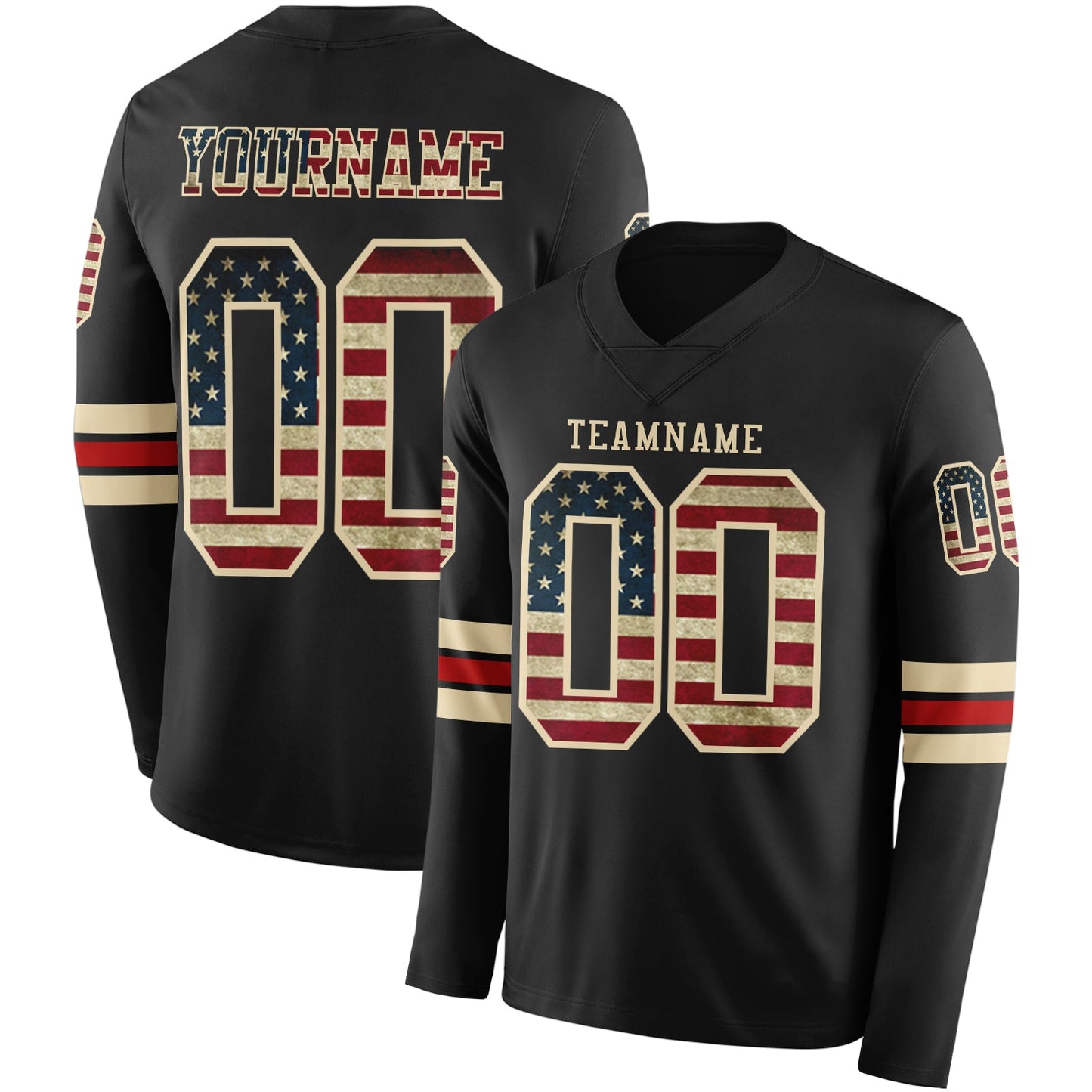 Custom Black Vintage USA Flag Cream-Red Long Sleeve Authentic Football Jersey - Main View