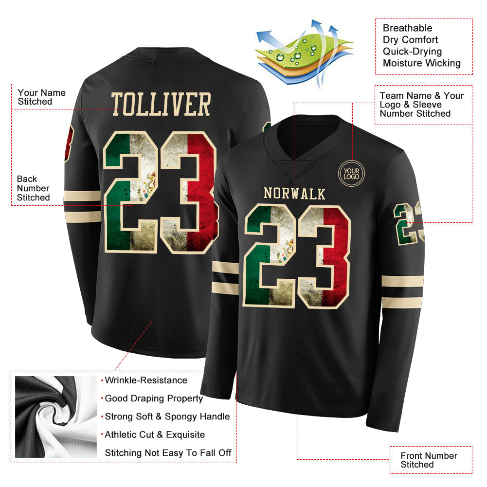 Custom Black Vintage Mexican Flag-Cream Long Sleeve Authentic Football Jersey view 2