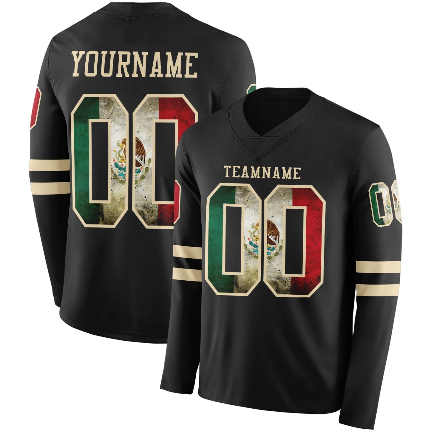 Custom Black Vintage Mexican Flag-Cream Long Sleeve Authentic Football Jersey - Main View