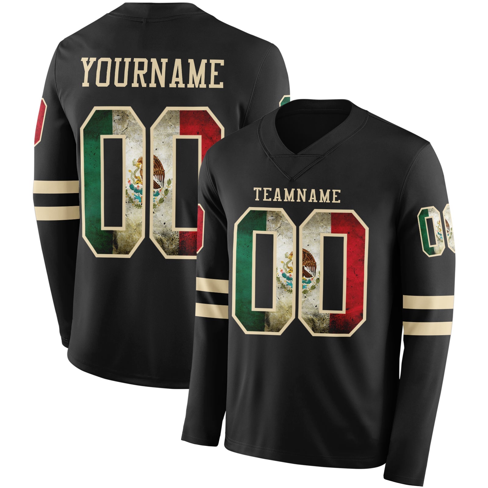 Custom Black Vintage Mexican Flag-Cream Long Sleeve Authentic Football Jersey - Main View