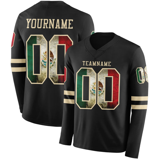 Custom Black Vintage Mexican Flag-Cream Long Sleeve Authentic Football Jersey - Main View