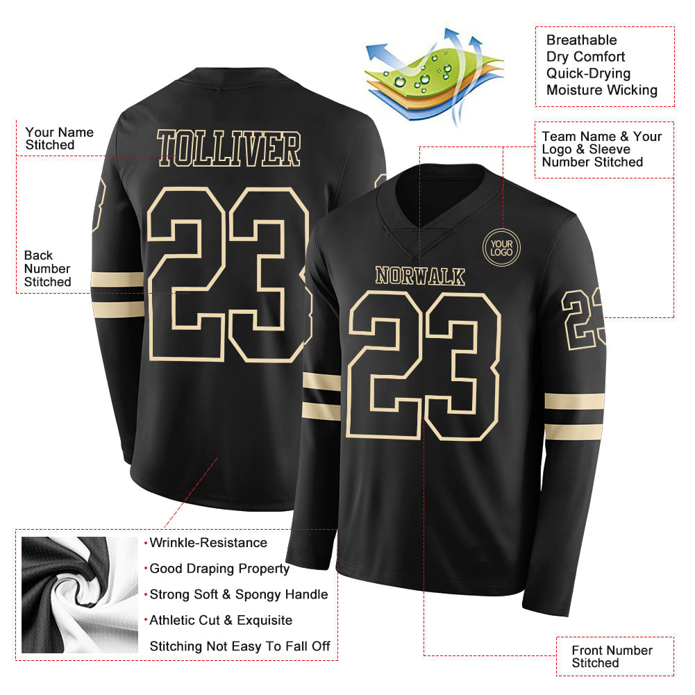 Custom Black Cream Long Sleeve Authentic Football Jersey view 2
