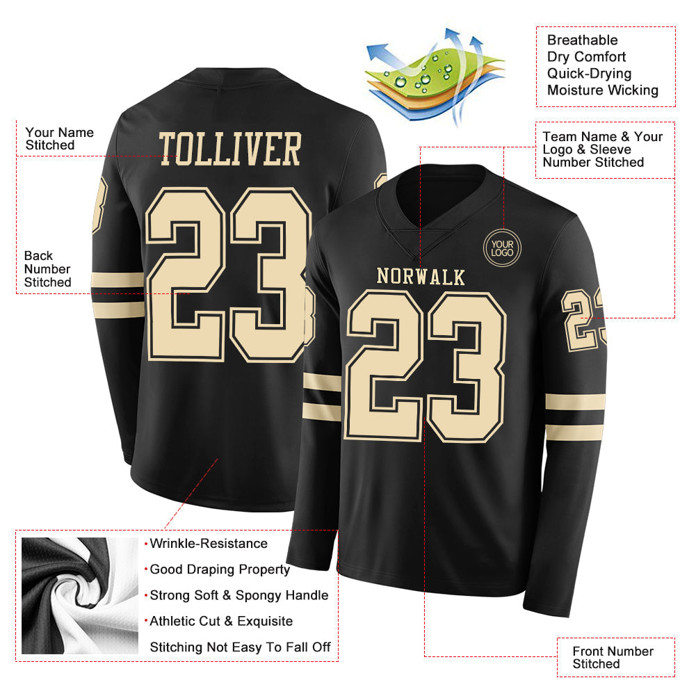 Custom Black Cream Long Sleeve Authentic Football Jersey view 2