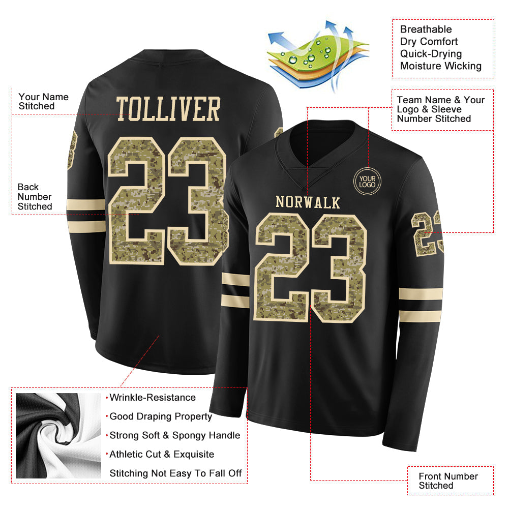 Custom Black Camo-Cream Long Sleeve Authentic Football Jersey view 2