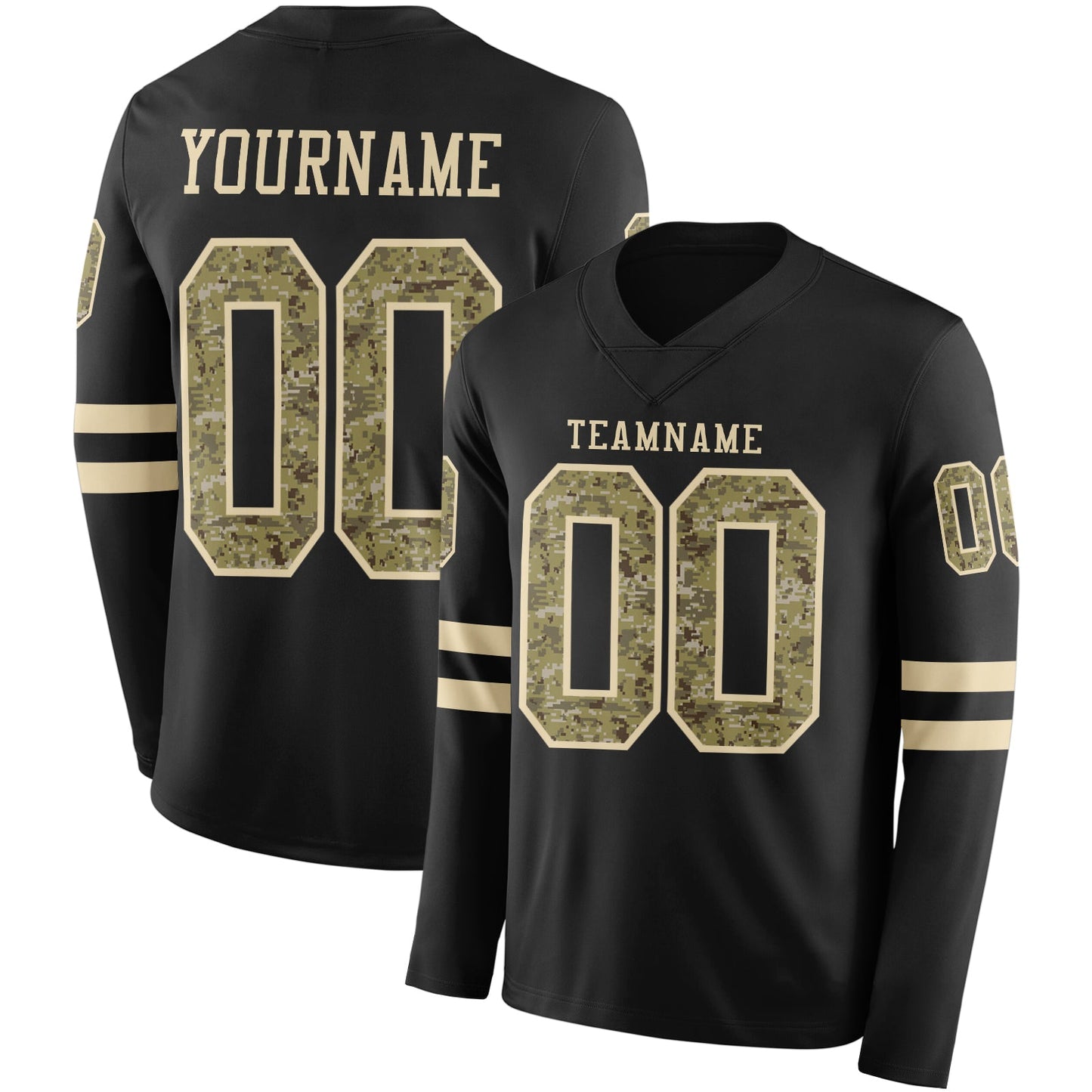 Custom Black Camo-Cream Long Sleeve Authentic Football Jersey - Main View