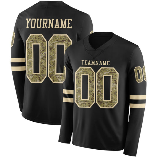 Custom Black Camo-Cream Long Sleeve Authentic Football Jersey - Main View