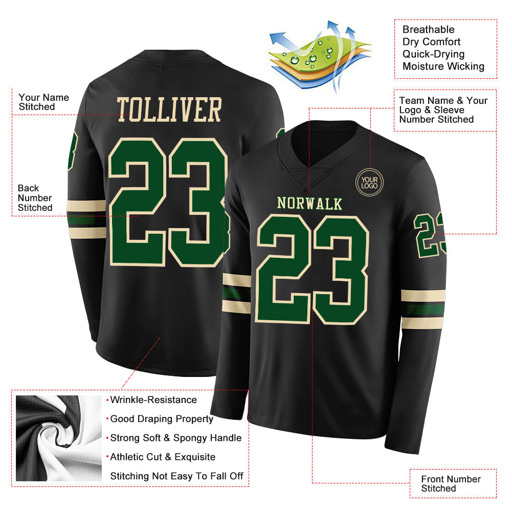 Custom Black Green-Cream Long Sleeve Authentic Football Jersey view 2