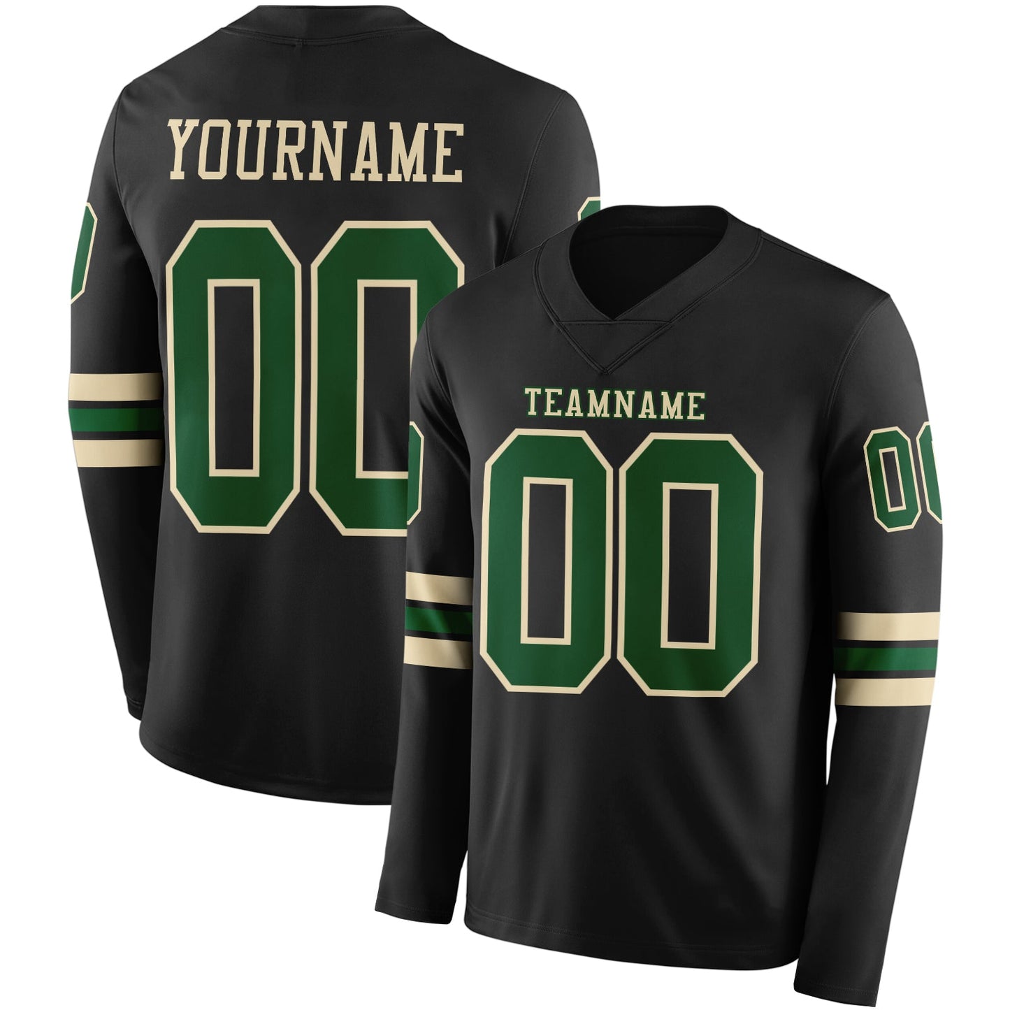 Custom Black Green-Cream Long Sleeve Authentic Football Jersey - Main View