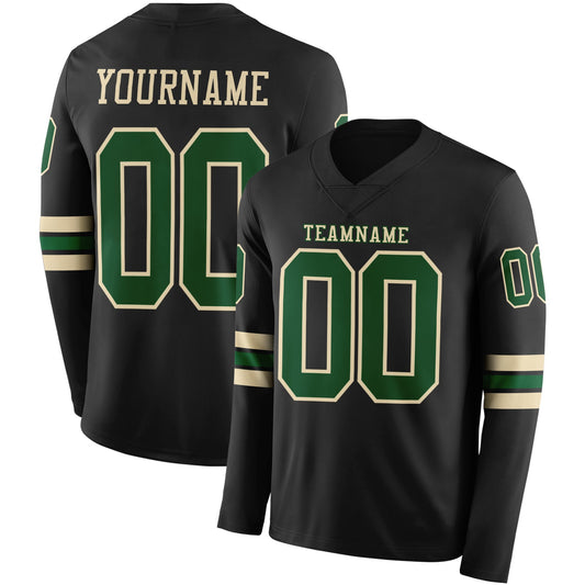 Custom Black Green-Cream Long Sleeve Authentic Football Jersey - Main View