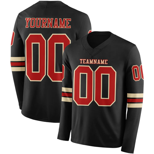 Custom Black Red-Cream Long Sleeve Authentic Football Jersey - Main View