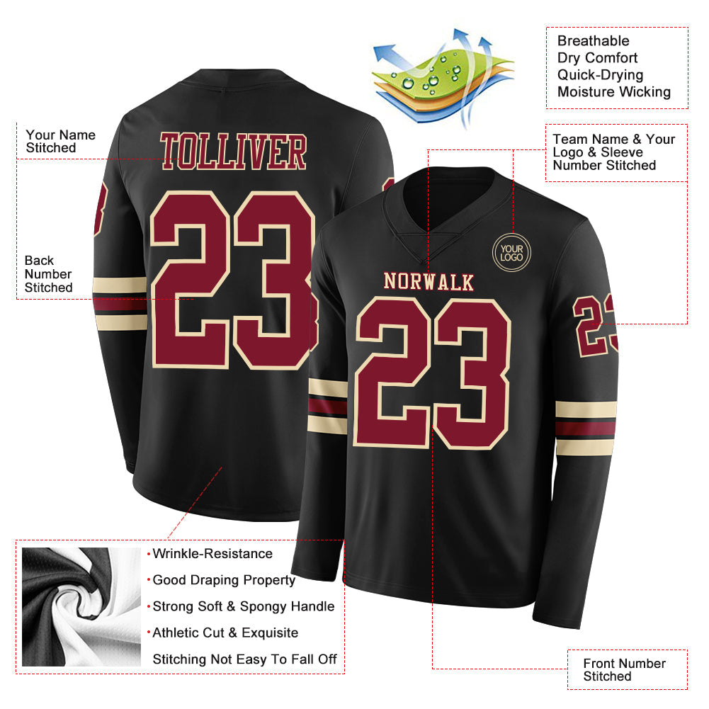 Custom Black Crimson-Cream Long Sleeve Authentic Football Jersey view 2