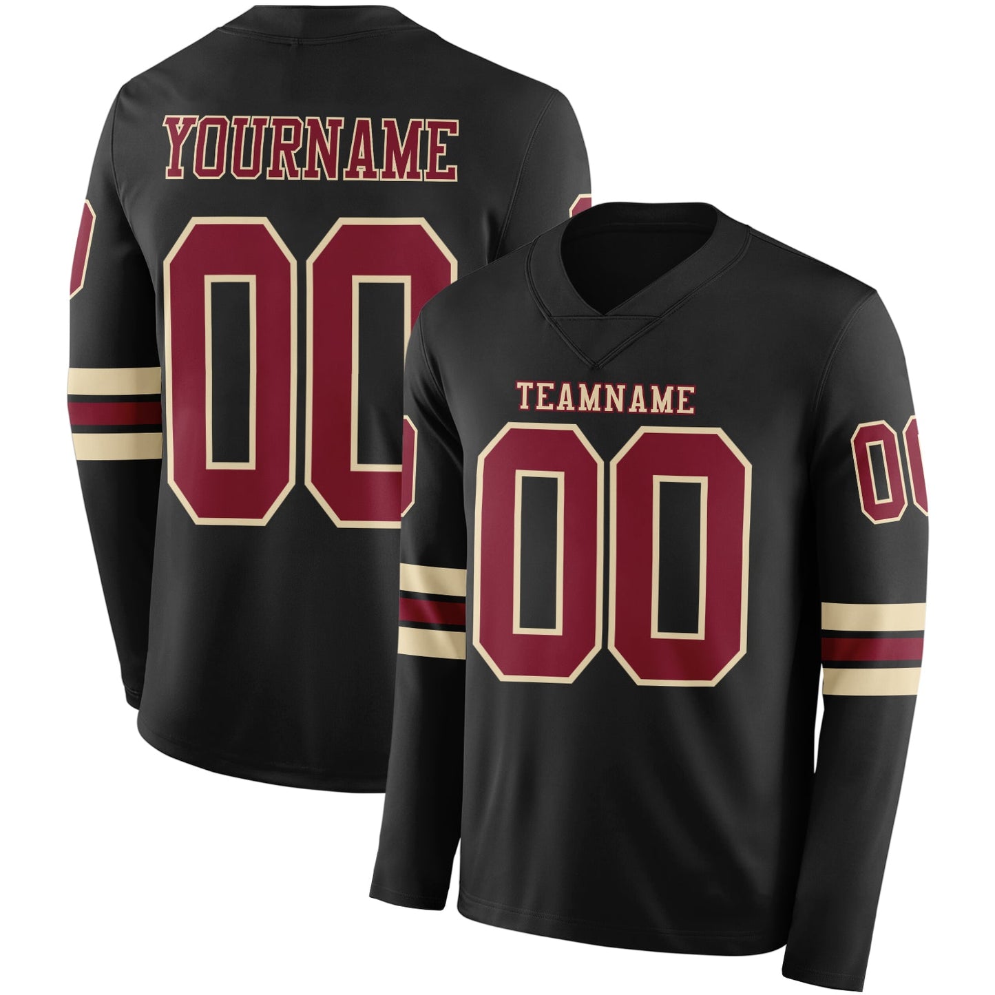 Custom Black Crimson-Cream Long Sleeve Authentic Football Jersey - Main View