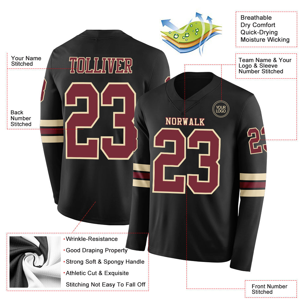 Custom Black Burgundy-Cream Long Sleeve Authentic Football Jersey view 2