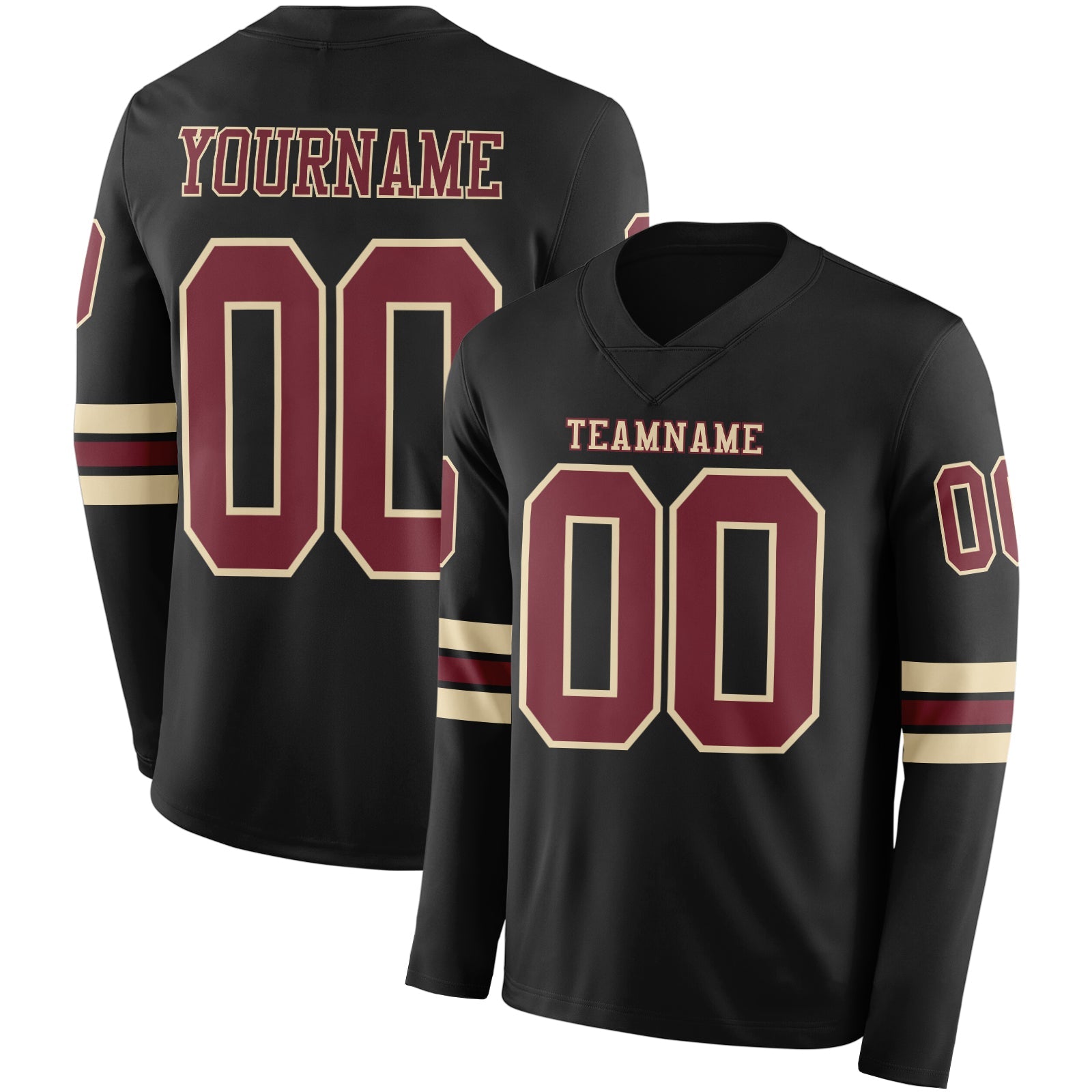 Custom Black Burgundy-Cream Long Sleeve Authentic Football Jersey - Main View