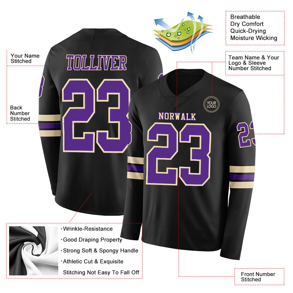 Custom Black Purple-Cream Long Sleeve Authentic Football Jersey view 2