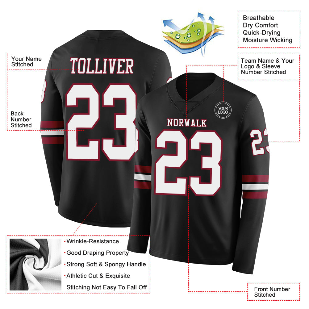Custom Black White-Crimson Long Sleeve Authentic Football Jersey view 2