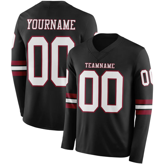 Custom Black White-Crimson Long Sleeve Authentic Football Jersey - Main View