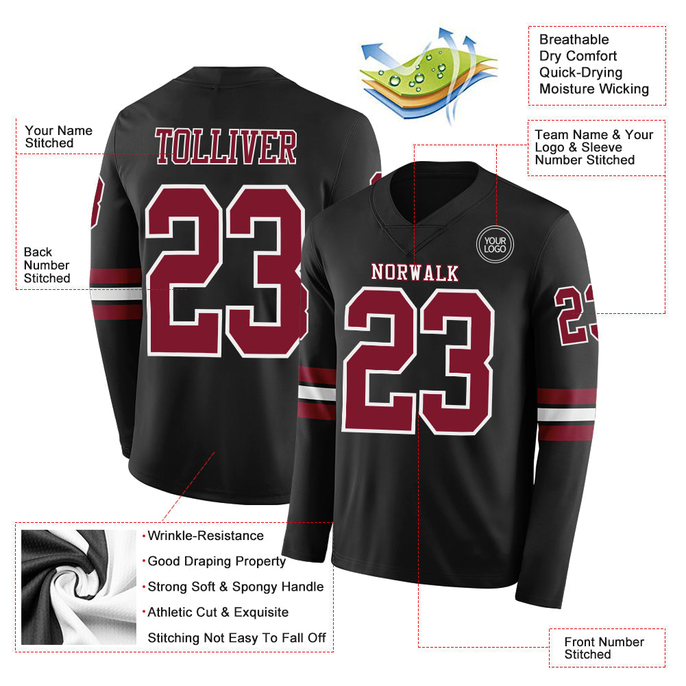 Custom Black Crimson-White Long Sleeve Authentic Football Jersey view 2