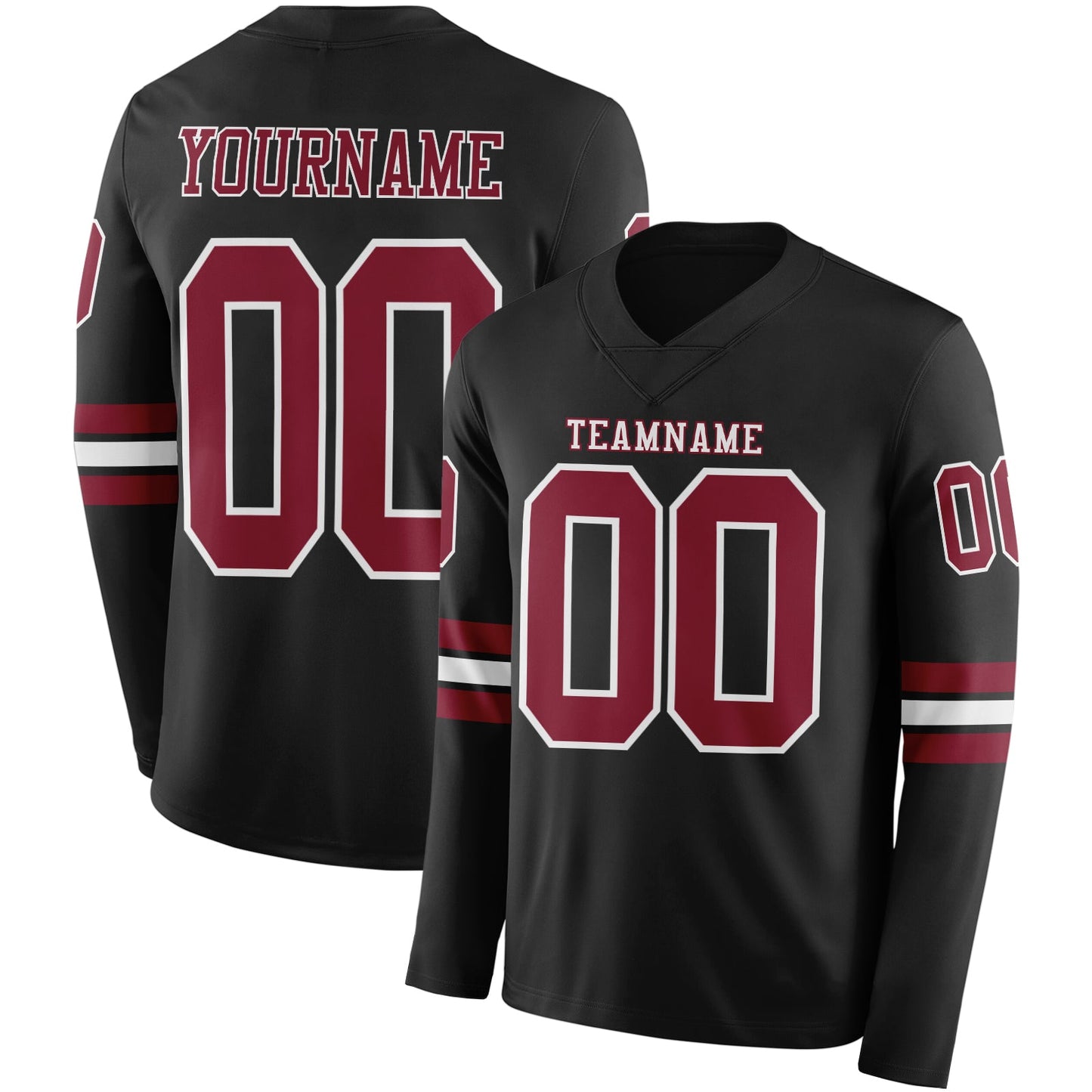 Custom Black Crimson-White Long Sleeve Authentic Football Jersey - Main View