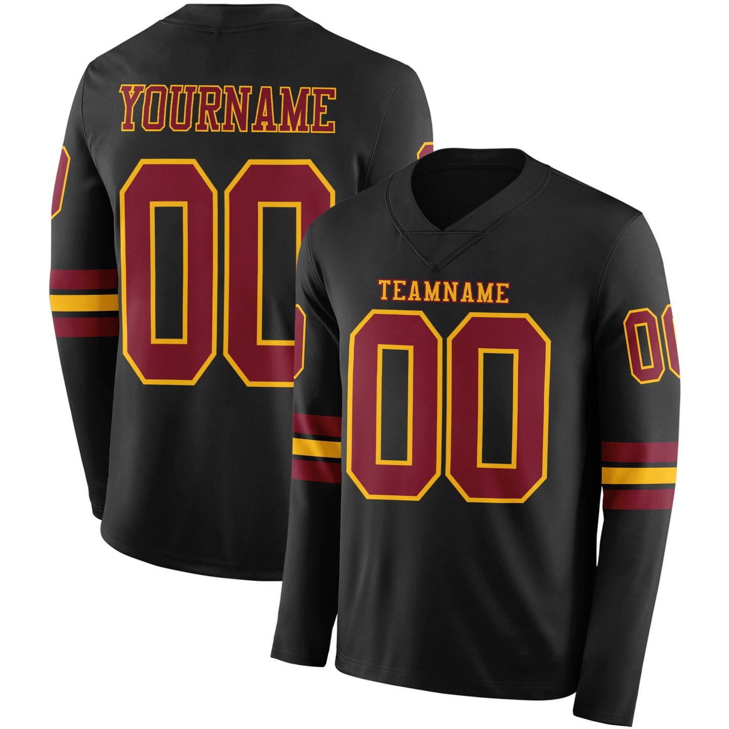 Custom Black Crimson-Gold Long Sleeve Authentic Football Jersey - Main View