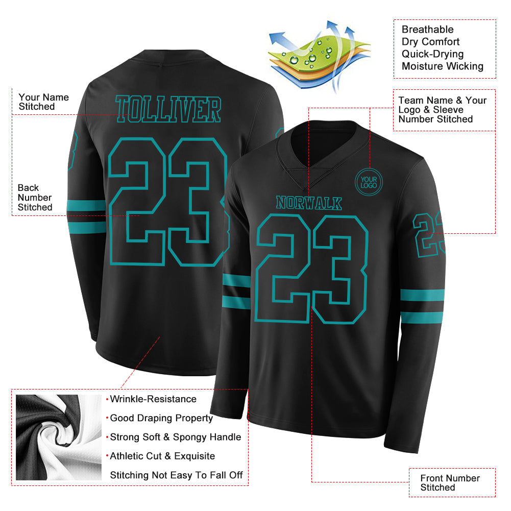 Custom Black Teal Long Sleeve Authentic Football Jersey view 2