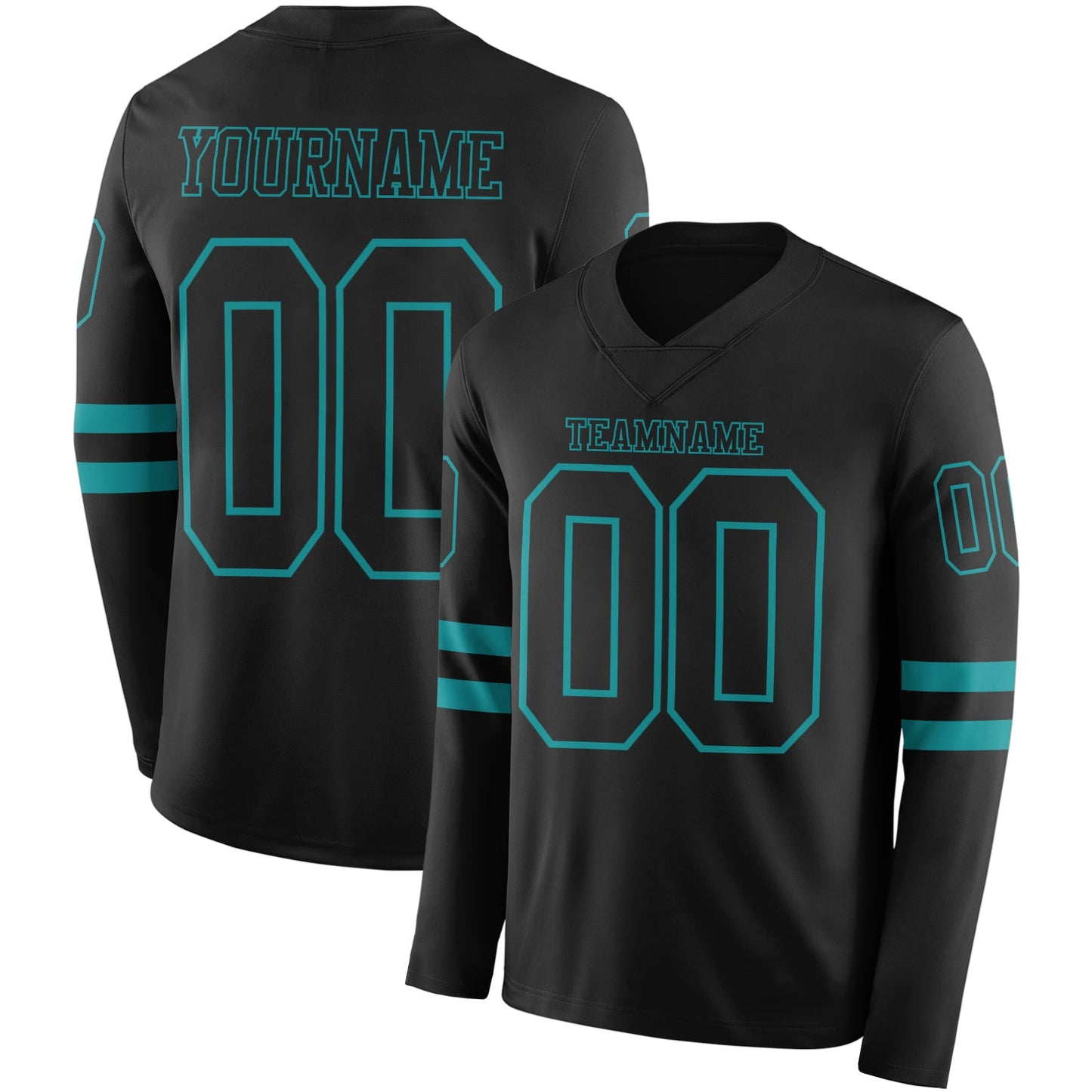 Custom Black Teal Long Sleeve Authentic Football Jersey - Main View