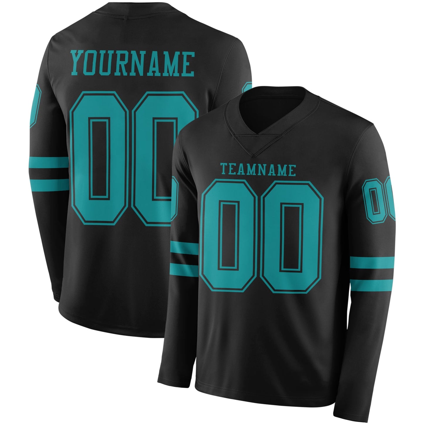 Custom Black Teal Long Sleeve Authentic Football Jersey - Main View