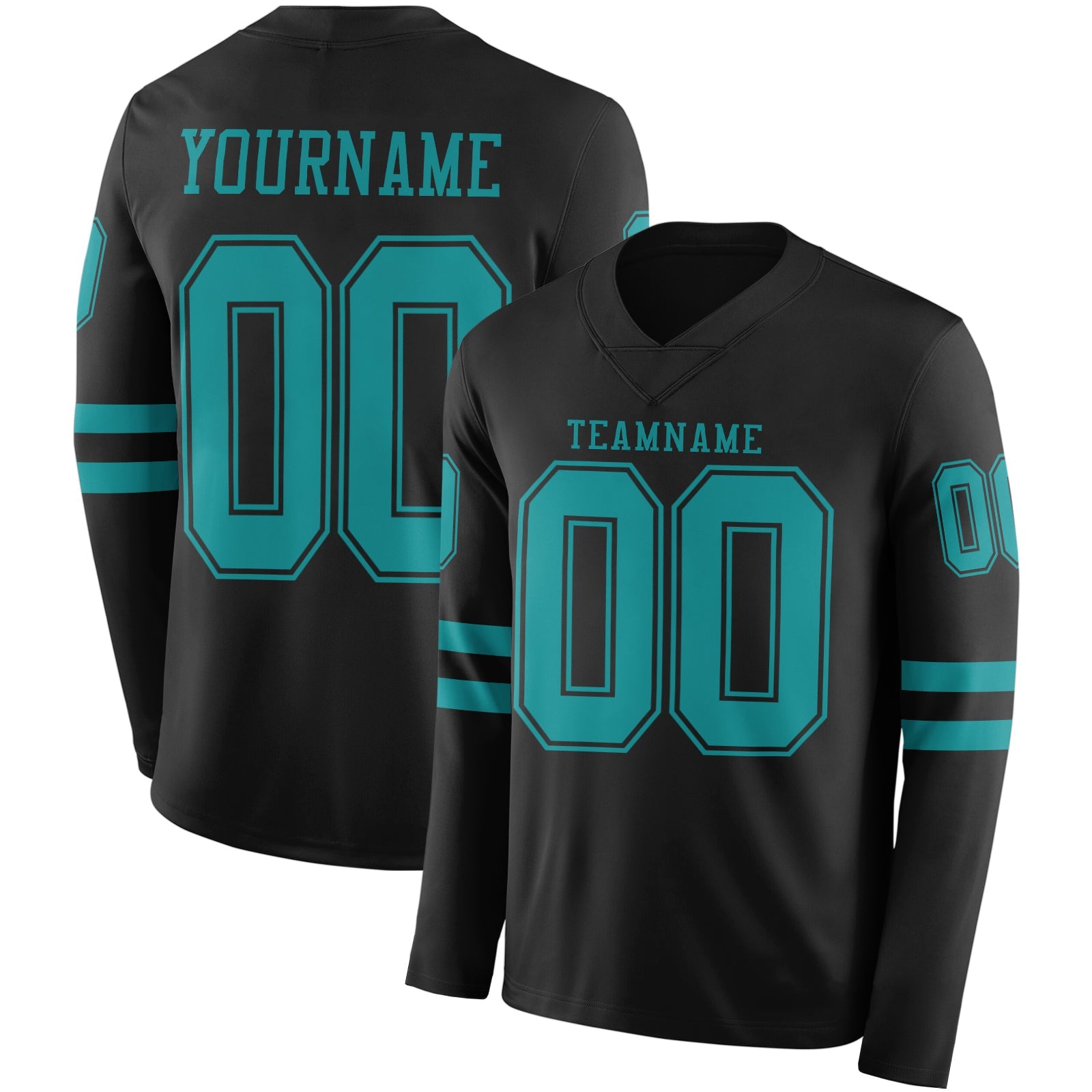 Custom Black Teal Long Sleeve Authentic Football Jersey - Main View